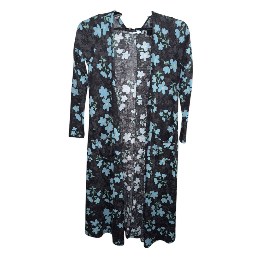 LulaRoe Navy and Floral Ribbed Cardigan with Pockets